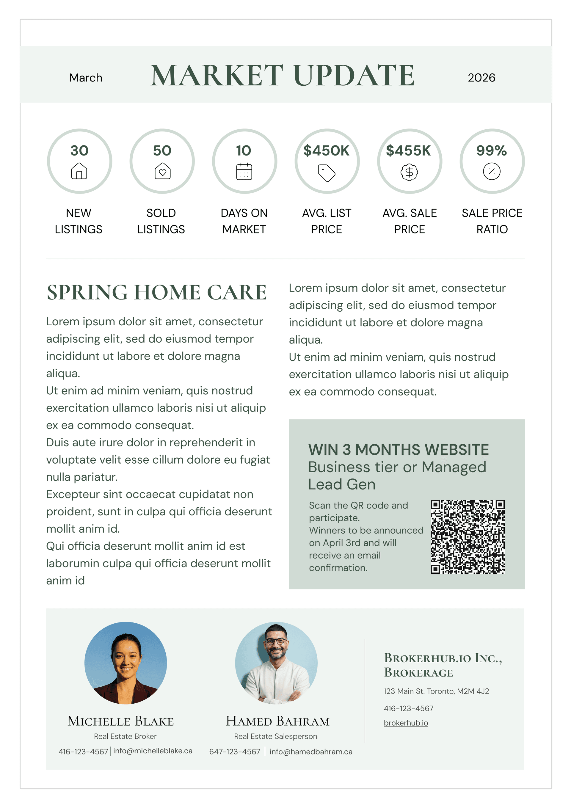 FarmKit sample flyer back page with neighbourhood real estate content